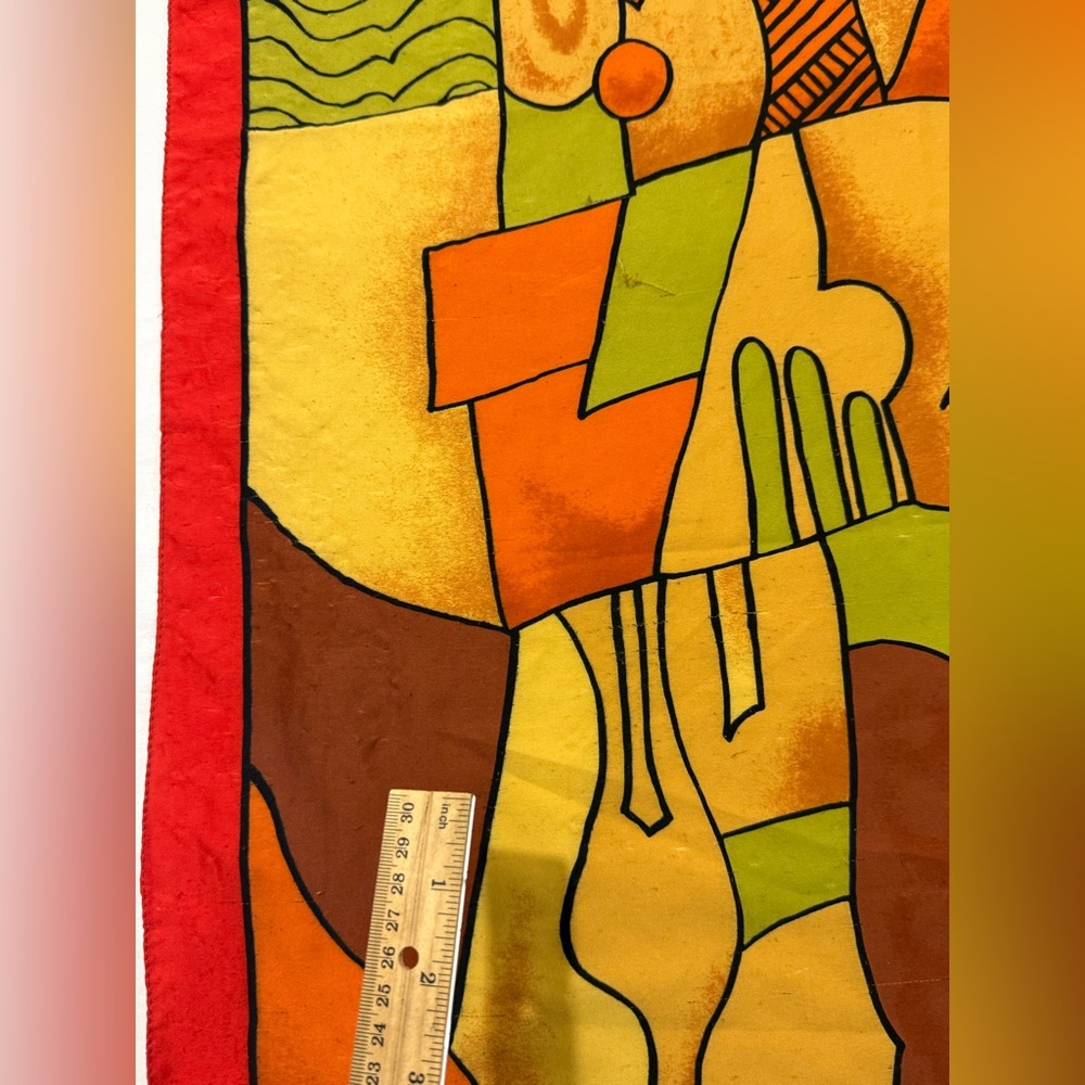Picasso Style Art Scarf 33x35 Abstract Print Red Border Boho Wrap - Picture 10 of 10